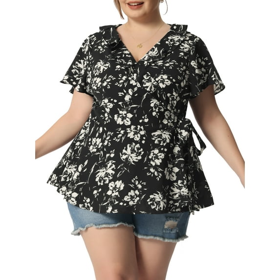 Unique Bargains Women's Plus Size Ruffle Bell Sleeve Wrap Tie Waist Boho Peplum Blouse