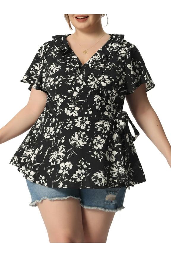 Women's Plus Size Ruffle Bell Sleeve Wrap Tie Waist Boho Peplum Blouse