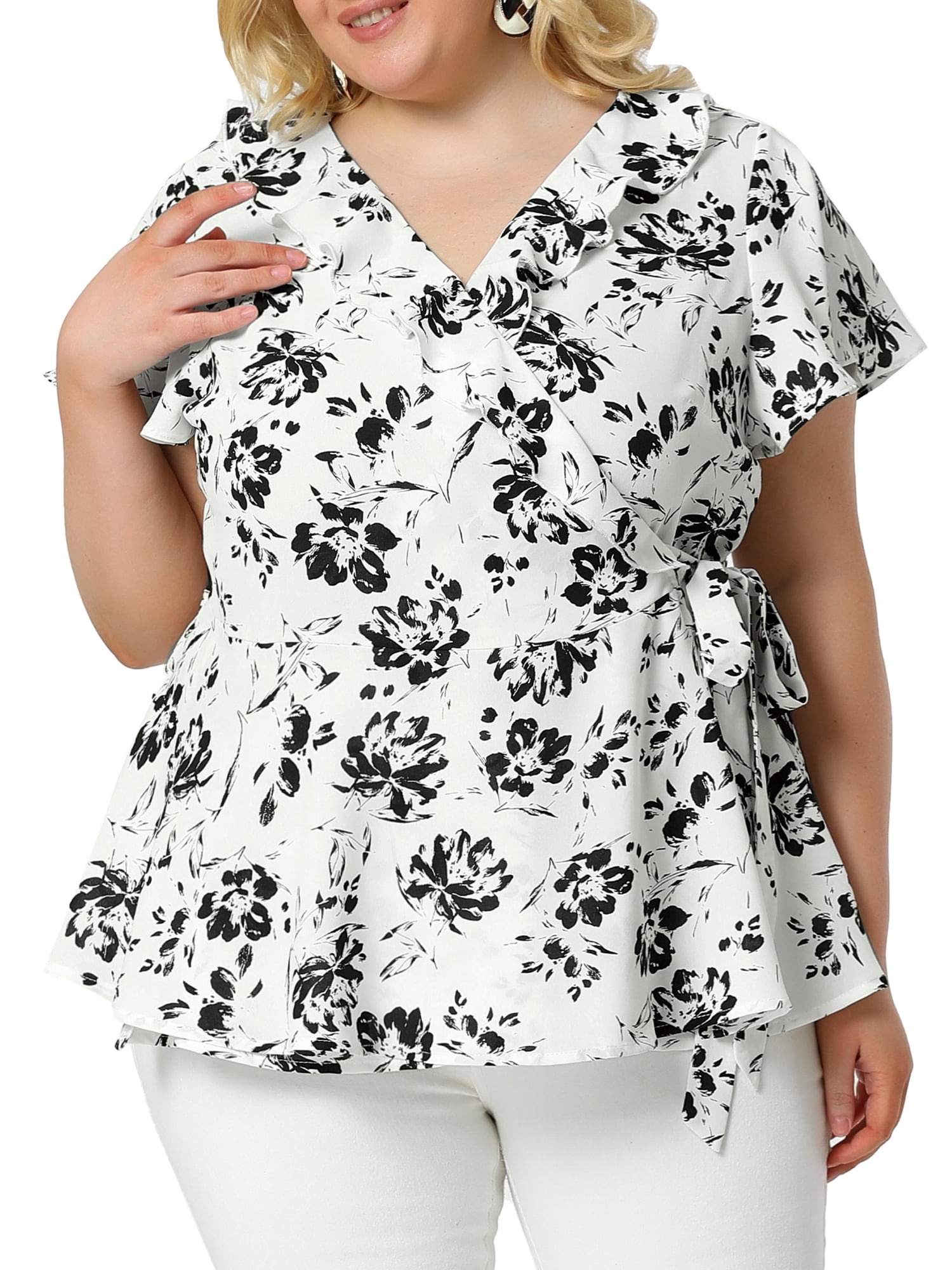 Plain Ruffle Sleeve Buttoned Plus Size Boho Top