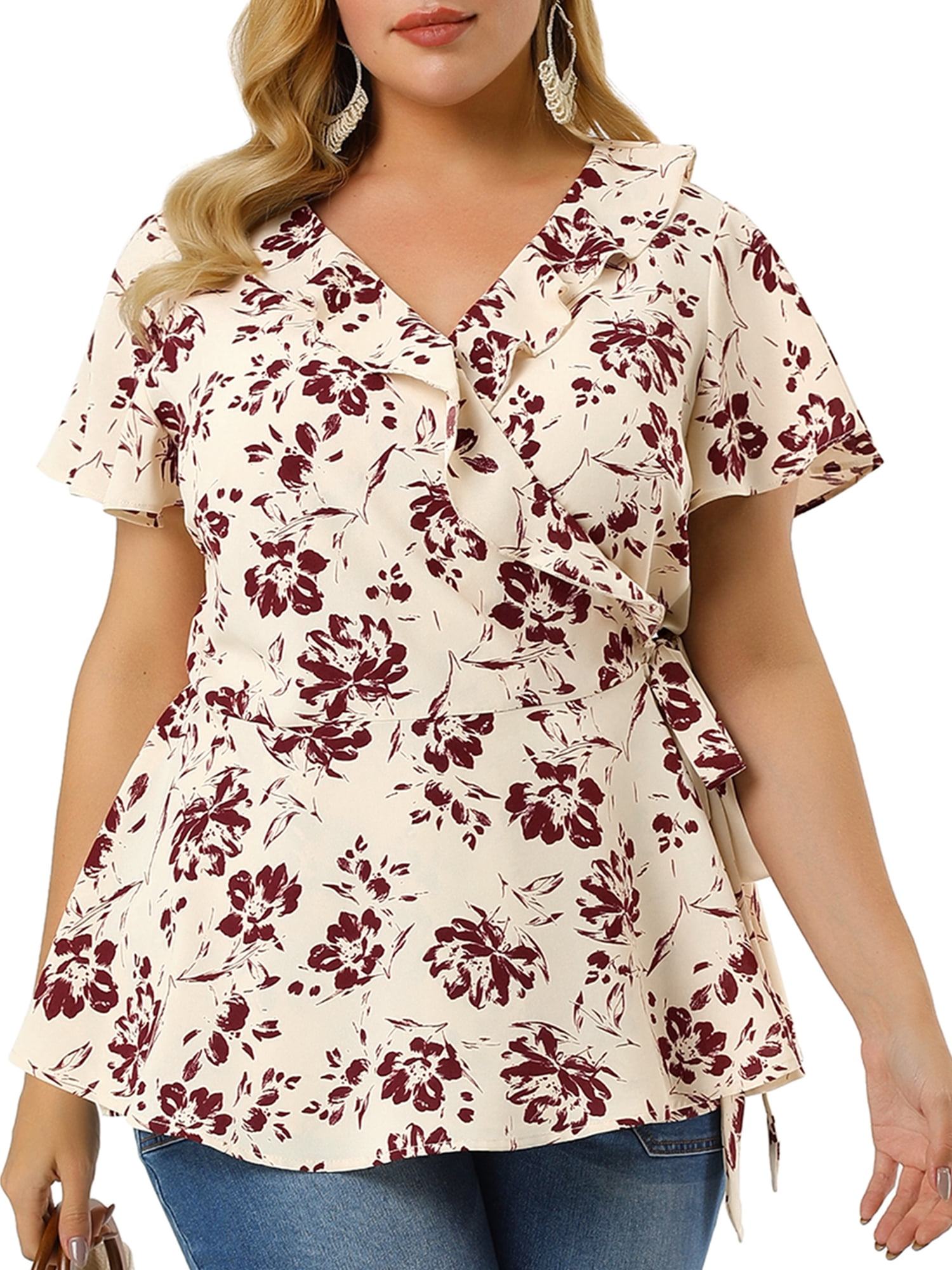 Unique Bargains Women's Plus Size Ruffle Bell Sleeve Wrap Tie Waist Boho Peplum Blouse