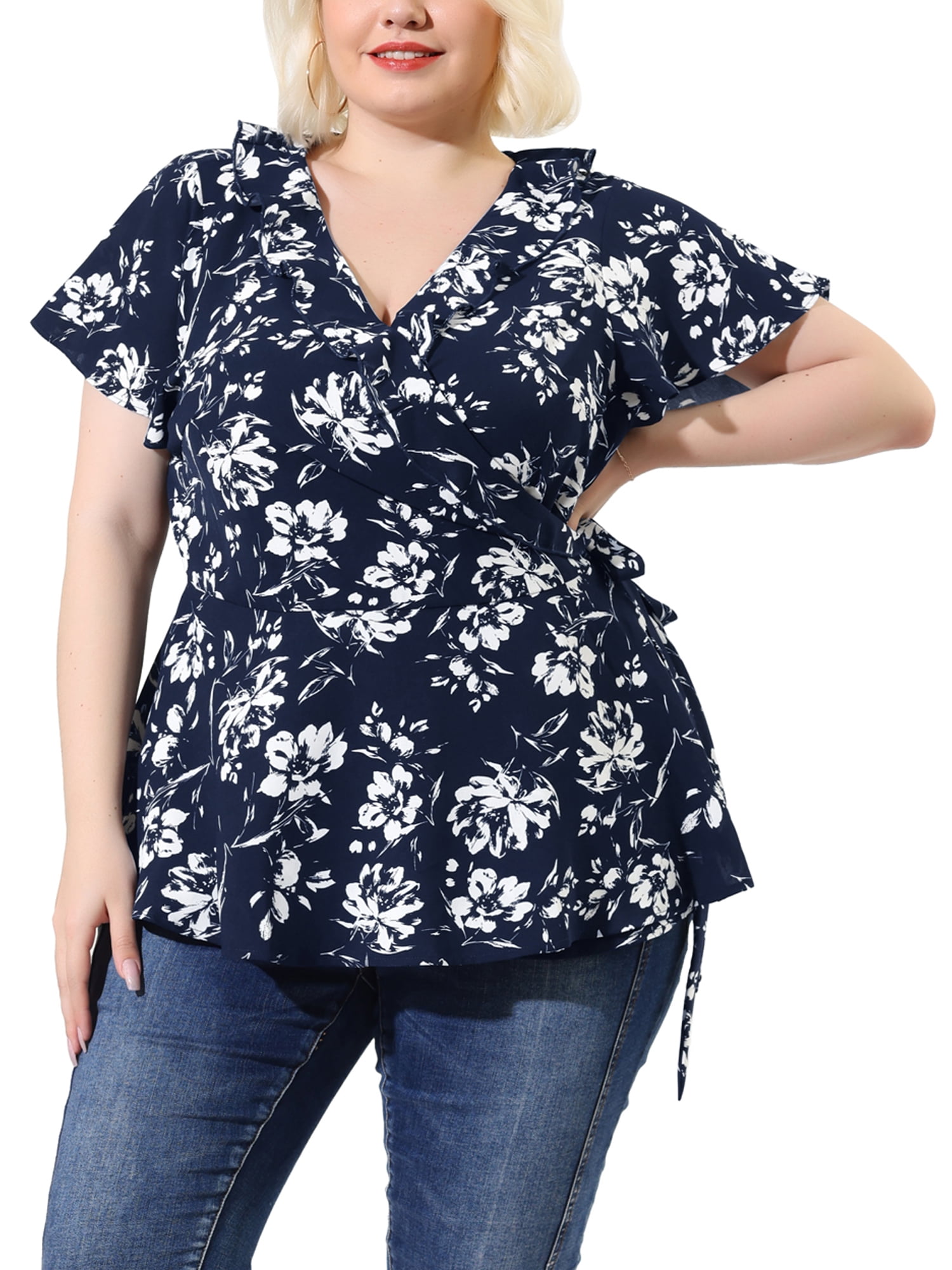 Unique Bargains Women's Plus Size Ruffle Bell Sleeve Wrap Tie Waist Boho Peplum Blouse