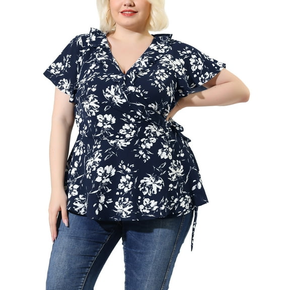 Unique Bargains Women's Plus Size Ruffle Bell Sleeve Wrap Tie Waist Boho Peplum Blouse