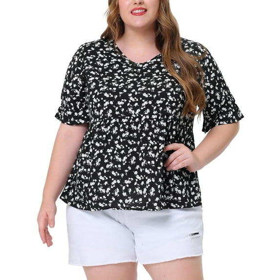 Unique Bargains Women's Plus Size Ruffle Short Sleeve Tiered Babydoll Blouses