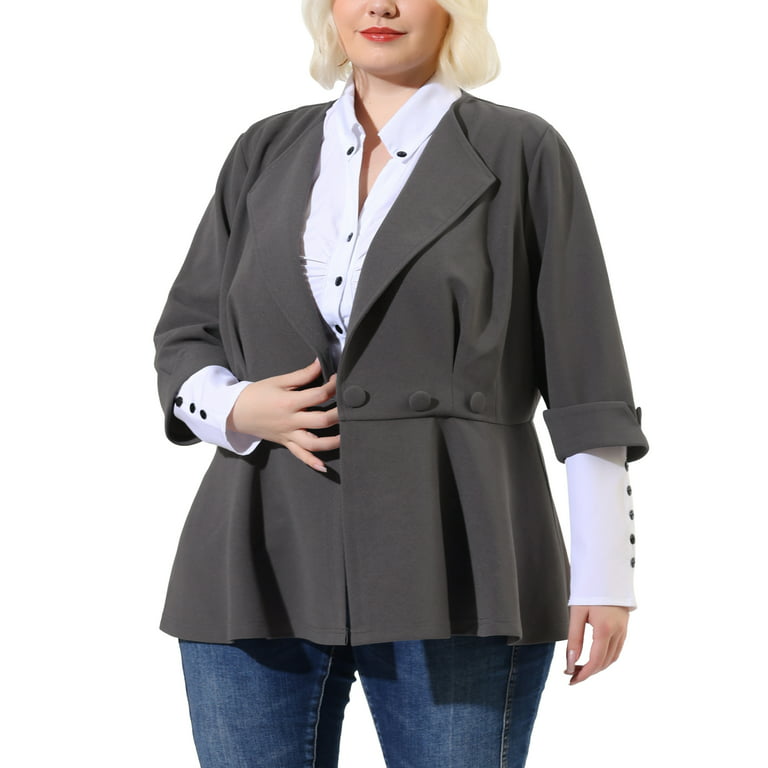 Unique Bargains Women's Plus Size Ruffle V Neck Business Button Ruched  Blazer 