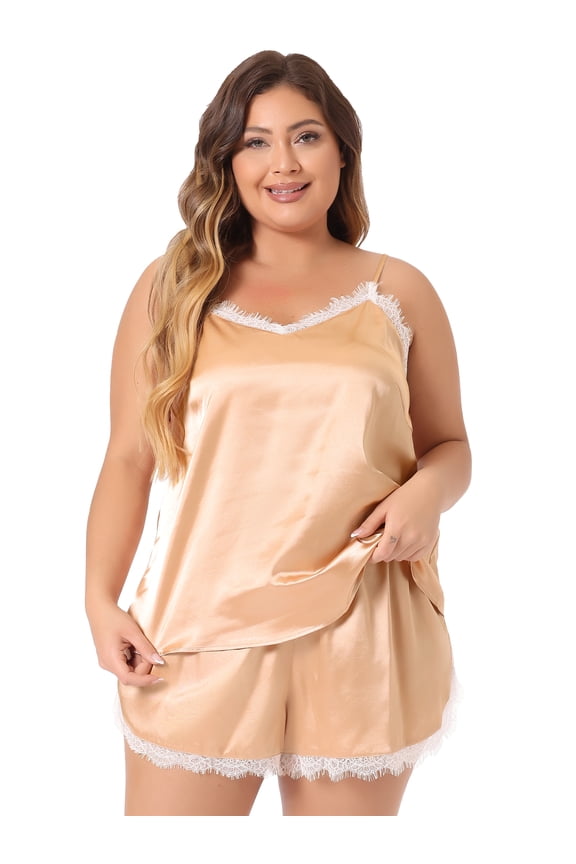 Women's Plus Size Satin Lace Panel Cami 2 Pcs Pajamas Set 2X Champagne