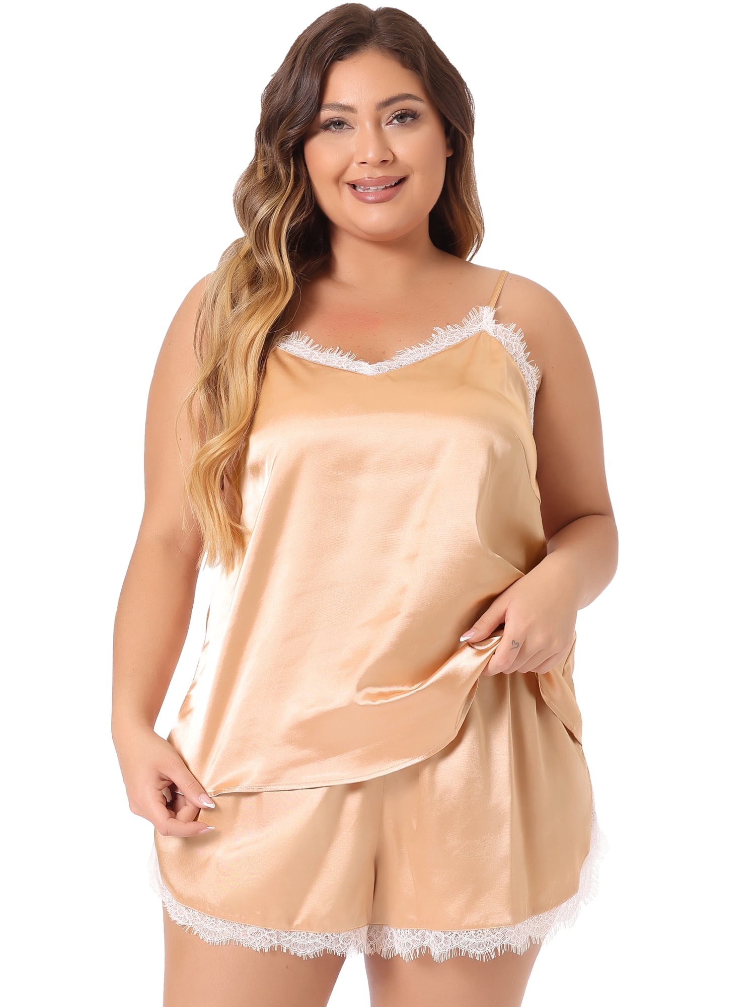 Unique Bargains Women's Plus Size Satin Lace Panel Cami 2 Pcs Pajamas Set 4X Champagne