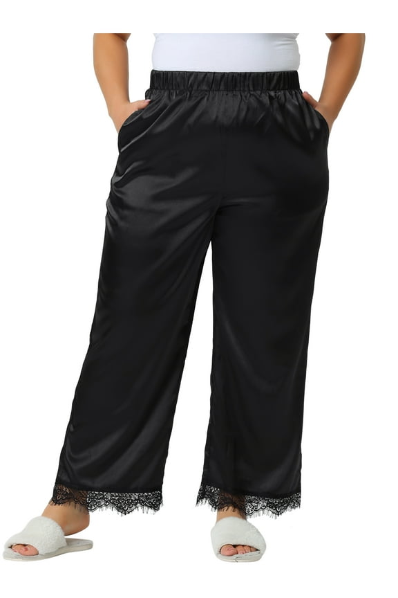 Women's Plus Size Satin Lace Trim Elastic Sleepwear Pajama Pants 1X Black
