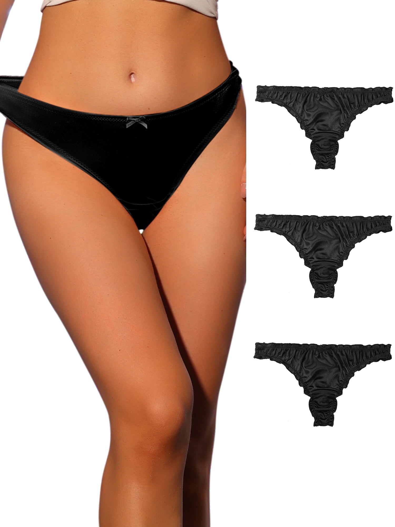Unique Bargains Women's Plus Size Satin Soft Mid-rise Ruffle Hipster Thong Underwear All Black 1X