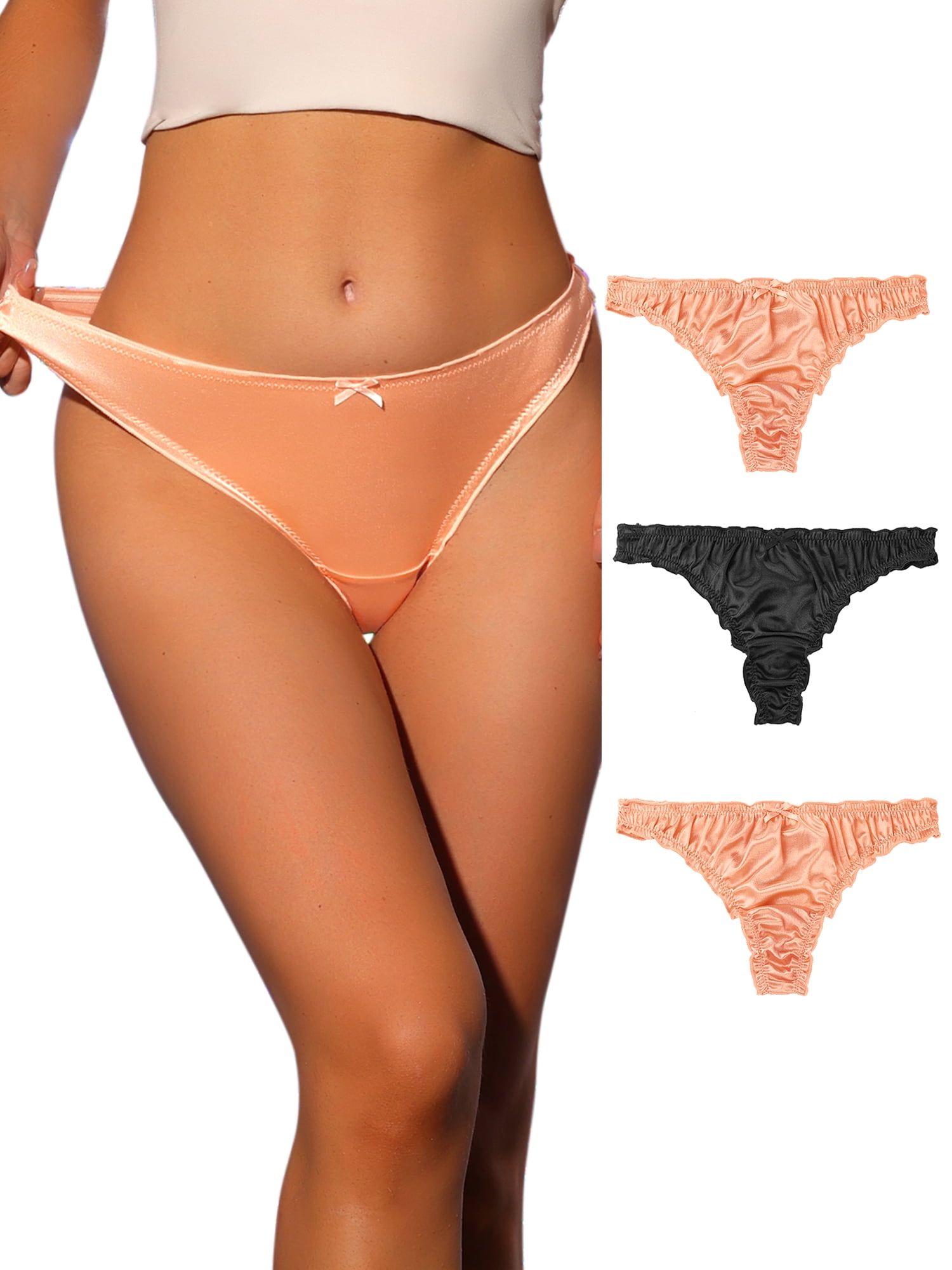 Unique Bargains Women's Plus Size Satin Soft Mid-rise Ruffle Hipster Thong Underwear Black, Beige, Pink L