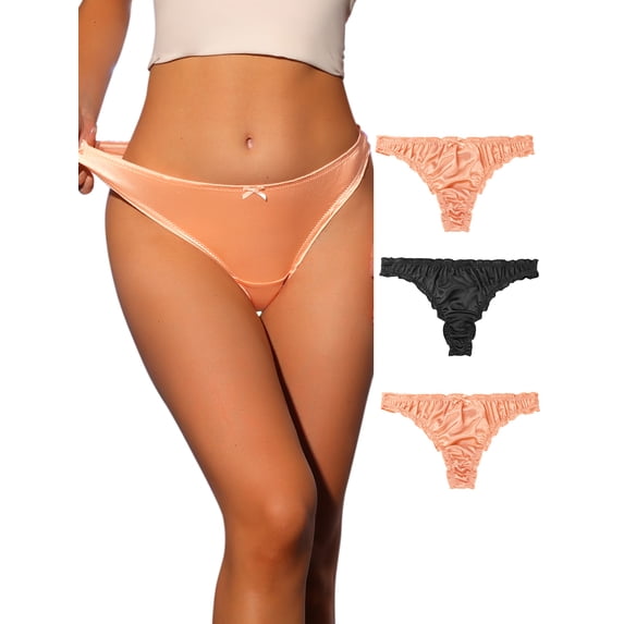 Unique Bargains Women's Plus Size Satin Soft Mid-rise Ruffle Hipster Thong Underwear Black, Beige, Pink M