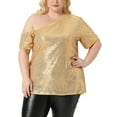 thumbnail image 1 of Unique Bargains Women's Plus Size Sequin Top Sparkly One Shoulder Party Tops 2X Gold, 1 of 6