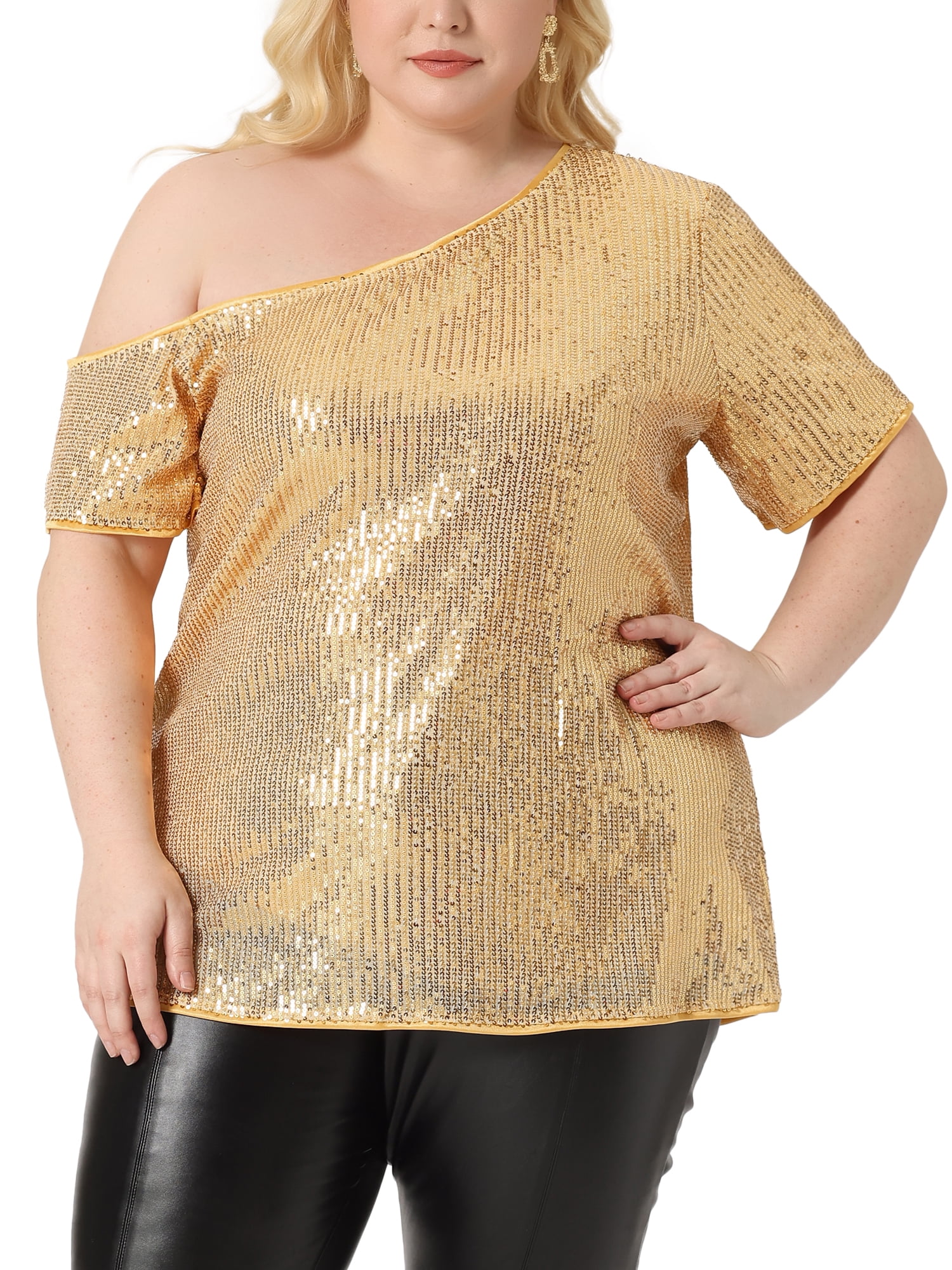 Women's Plus Tops One Shoulder Short Sleeve Metallic Blouses Party Sequin Tops 3X Gold