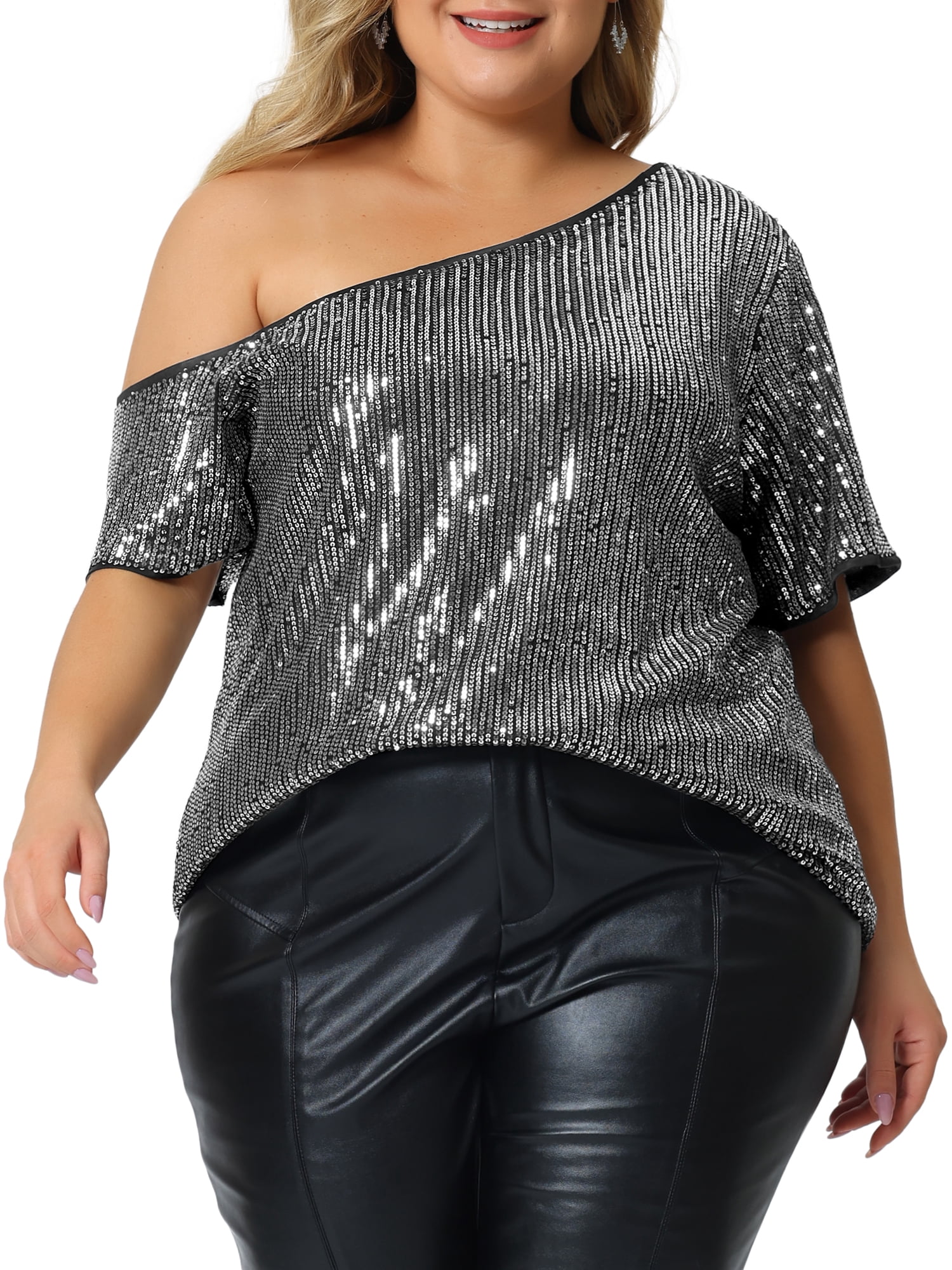 Women's Plus Tops One Shoulder Short Sleeve Metallic Blouses Party Sequin Tops 4X Silver