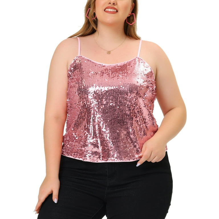 Unique Bargains Women's Plus Size Sequined Shining Camisole Club Party  Sparkle Top 1X Pink 