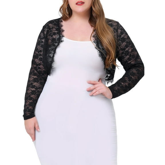 Unique Bargains Women's Plus Size Sheer Long Sleeve Open Front Cardigan Lace Shrug