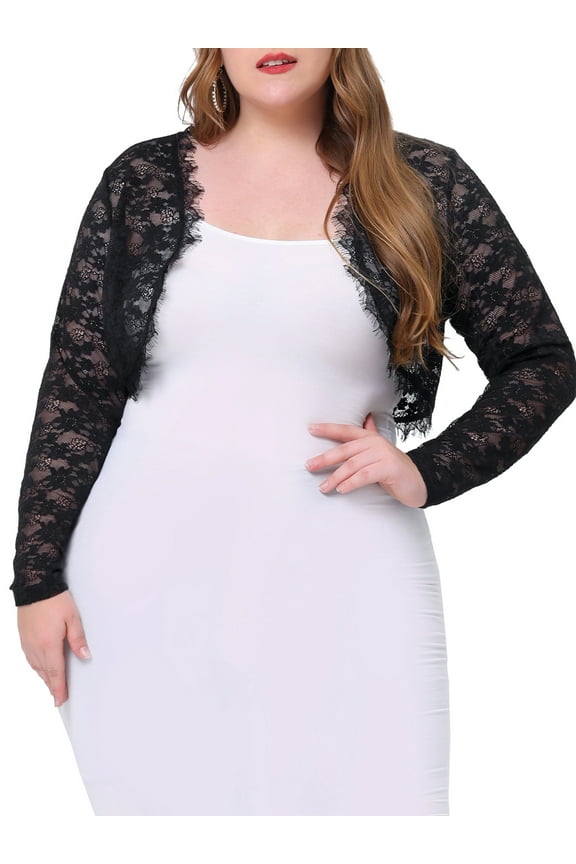 Women's Plus Size Sheer Long Sleeve Open Front Cardigan Lace Shrug