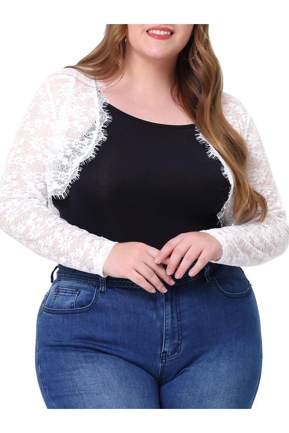 Women's Plus Size Sheer Long Sleeve Open Front Cardigan Lace Shrug