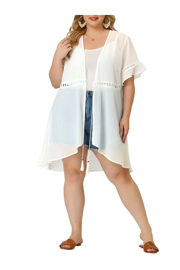 Women's Plus Size Sheer Ruffle Short Sleeve Midi Summer Cardigans