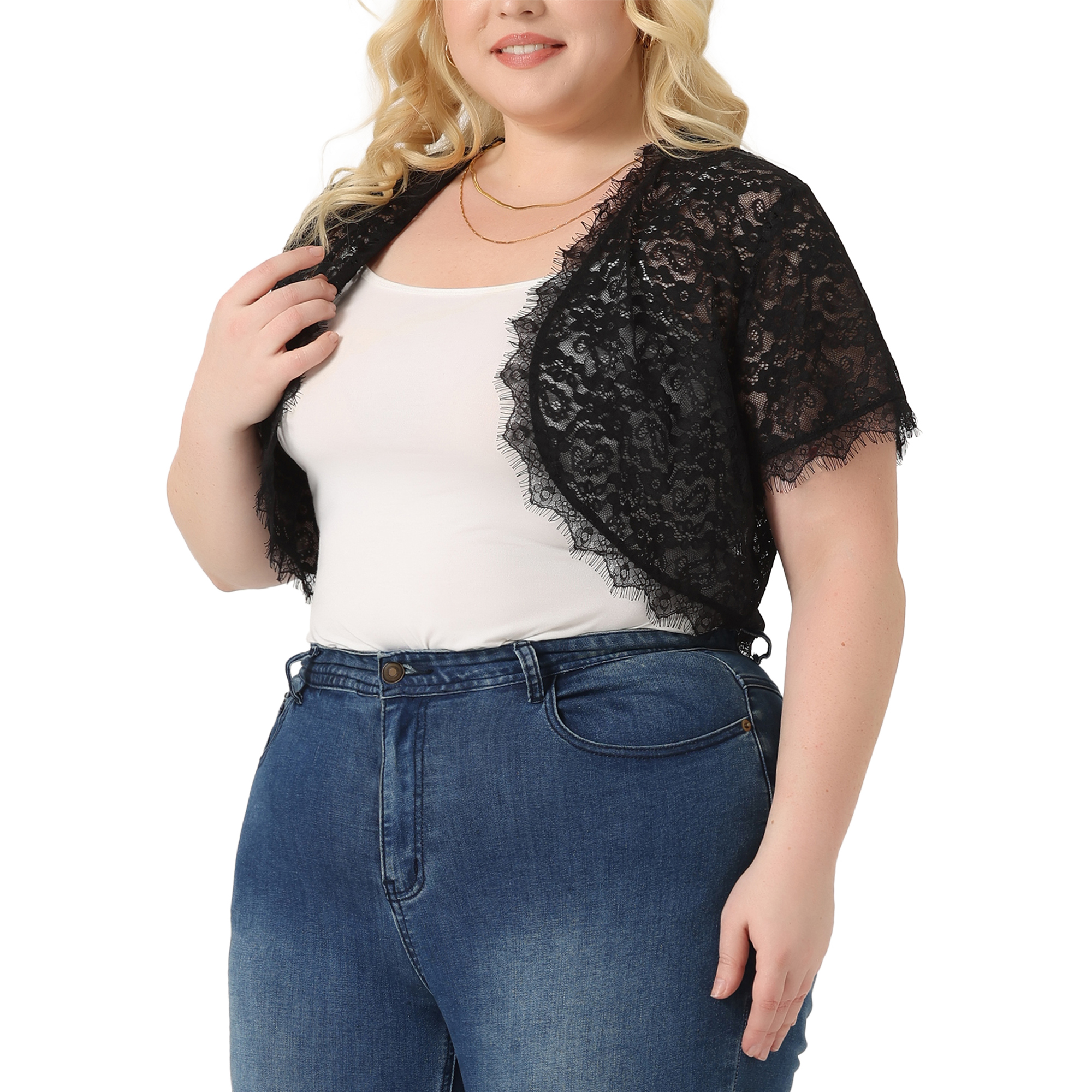 DARING DIVA Plus Size Sheer Shrug Floral Lace Shrugs Tops 1X Dark Black
