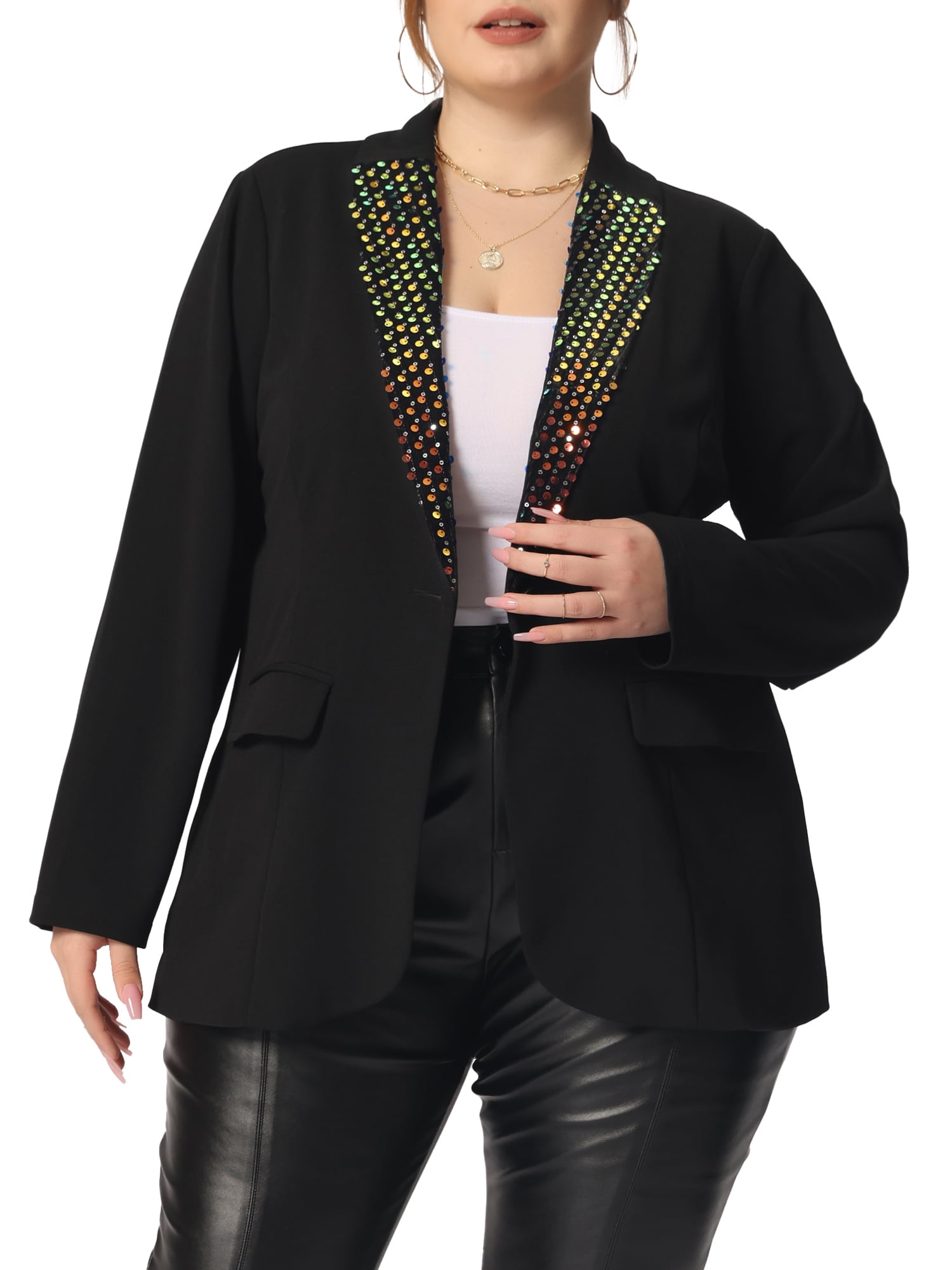 Unique Bargains Women's Plus Size Shiny Sequin Coat Button Lapel Party Blazers 1X Black