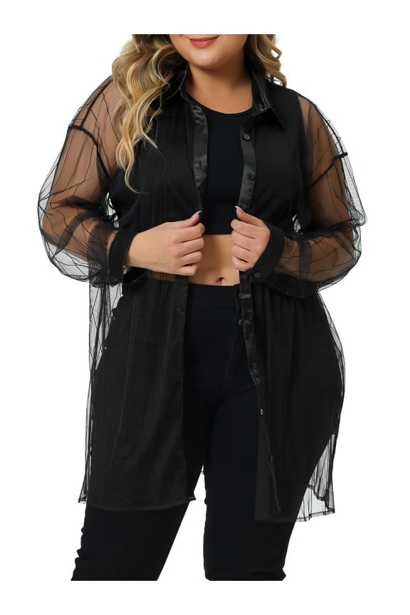 Women's Plus Size Shirt Mesh Sheer Long Sleeve Blouses 1X Black