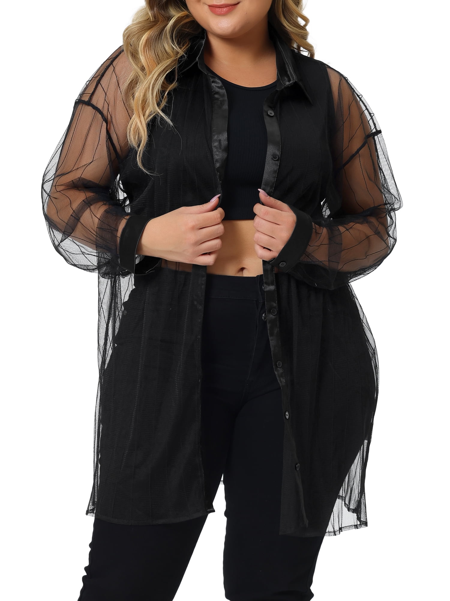 Unique Bargains Women's Plus Size Shirt Mesh Sheer Long Sleeve Blouses 2X Black