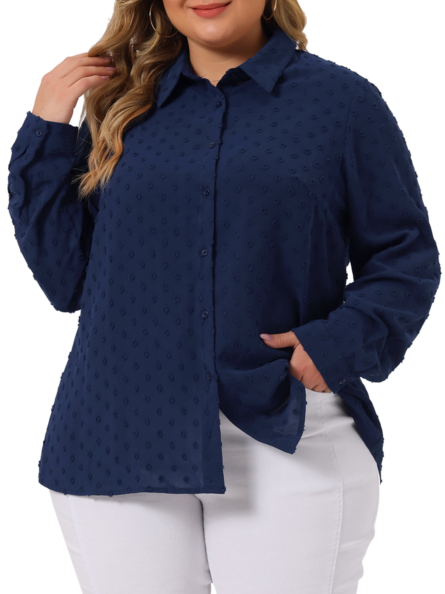 DARING DIVA Women's Plus Swiss Dots Button Down Collar Long Sleeve Tops 1X Navy Blue