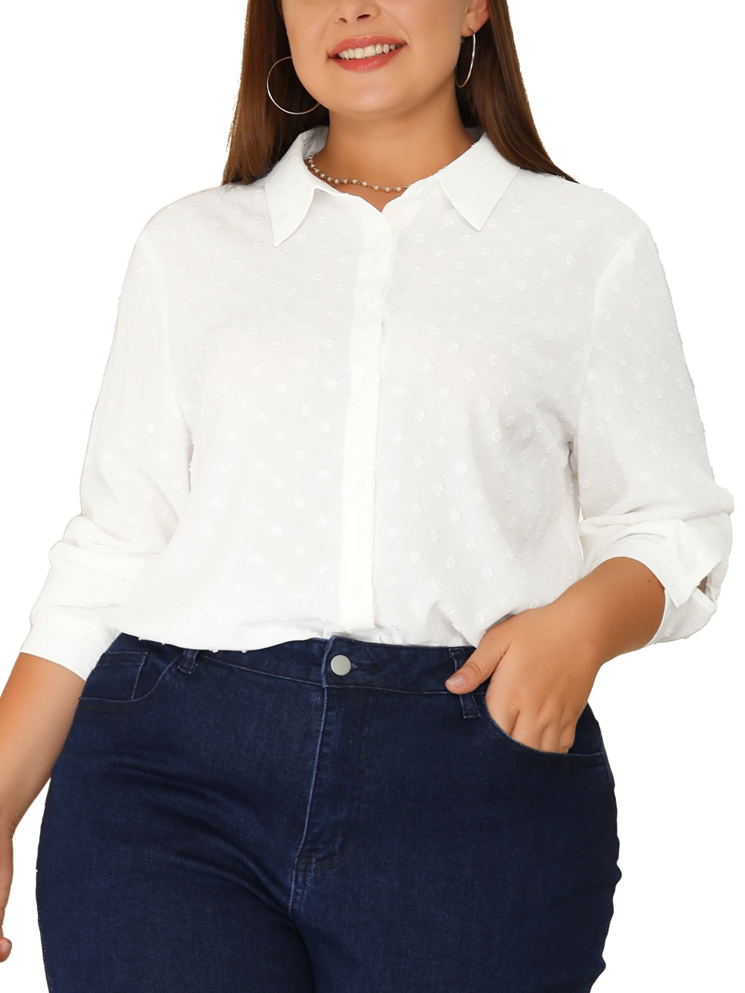 DARING DIVA Women's Plus Swiss Dots Button Down Collar Long Sleeve Tops 3X White