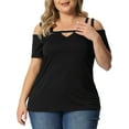 thumbnail image 1 of DARING DIVA Women's Plus Short Sleeve Cold Shoulder Tops Blouses Shirt 1X Black, 1 of 6