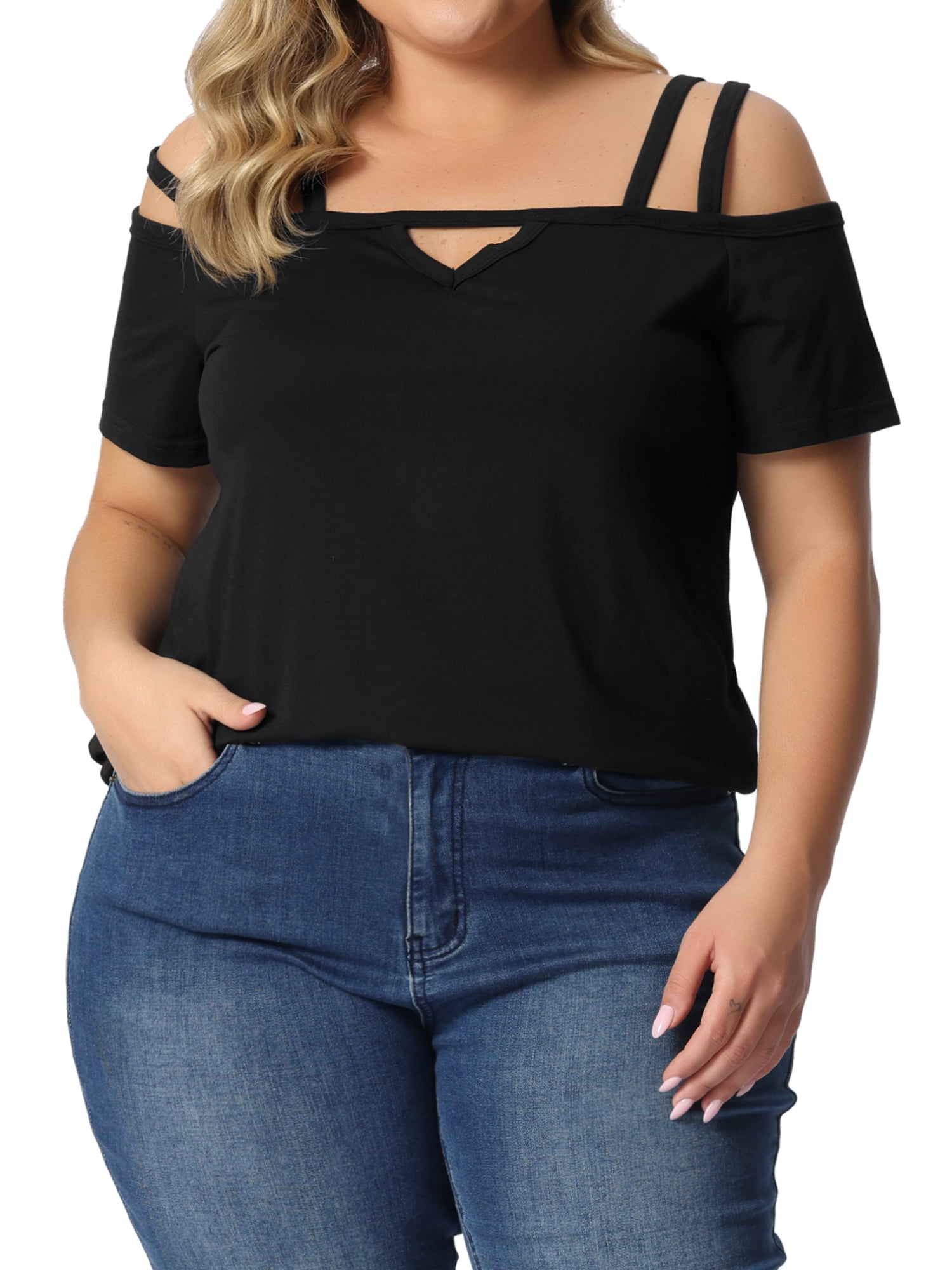 plus size black cold shoulder top