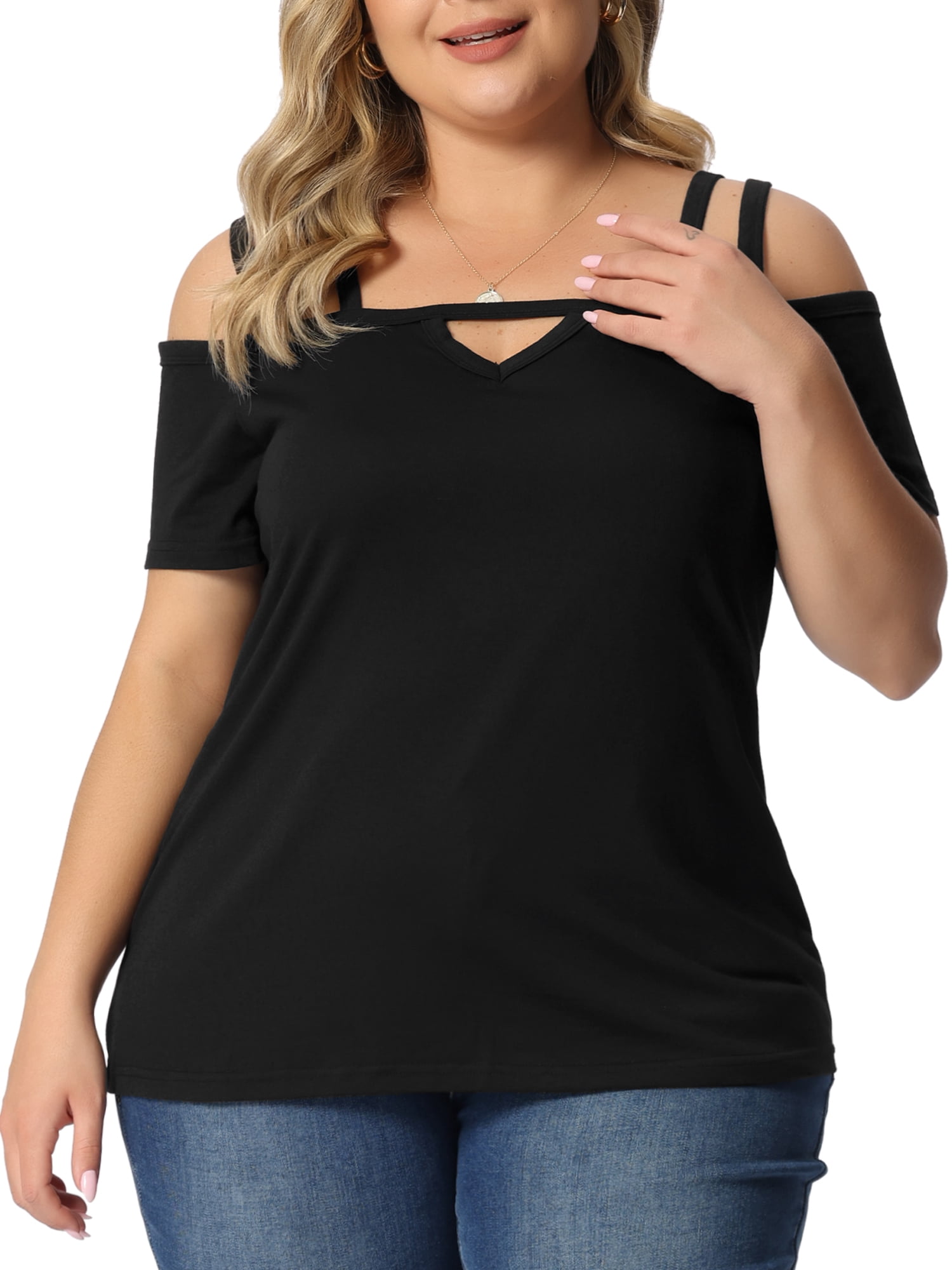 DARING DIVA Women's Plus Short Sleeve Cold Shoulder Tops Blouses Shirt 4X Black