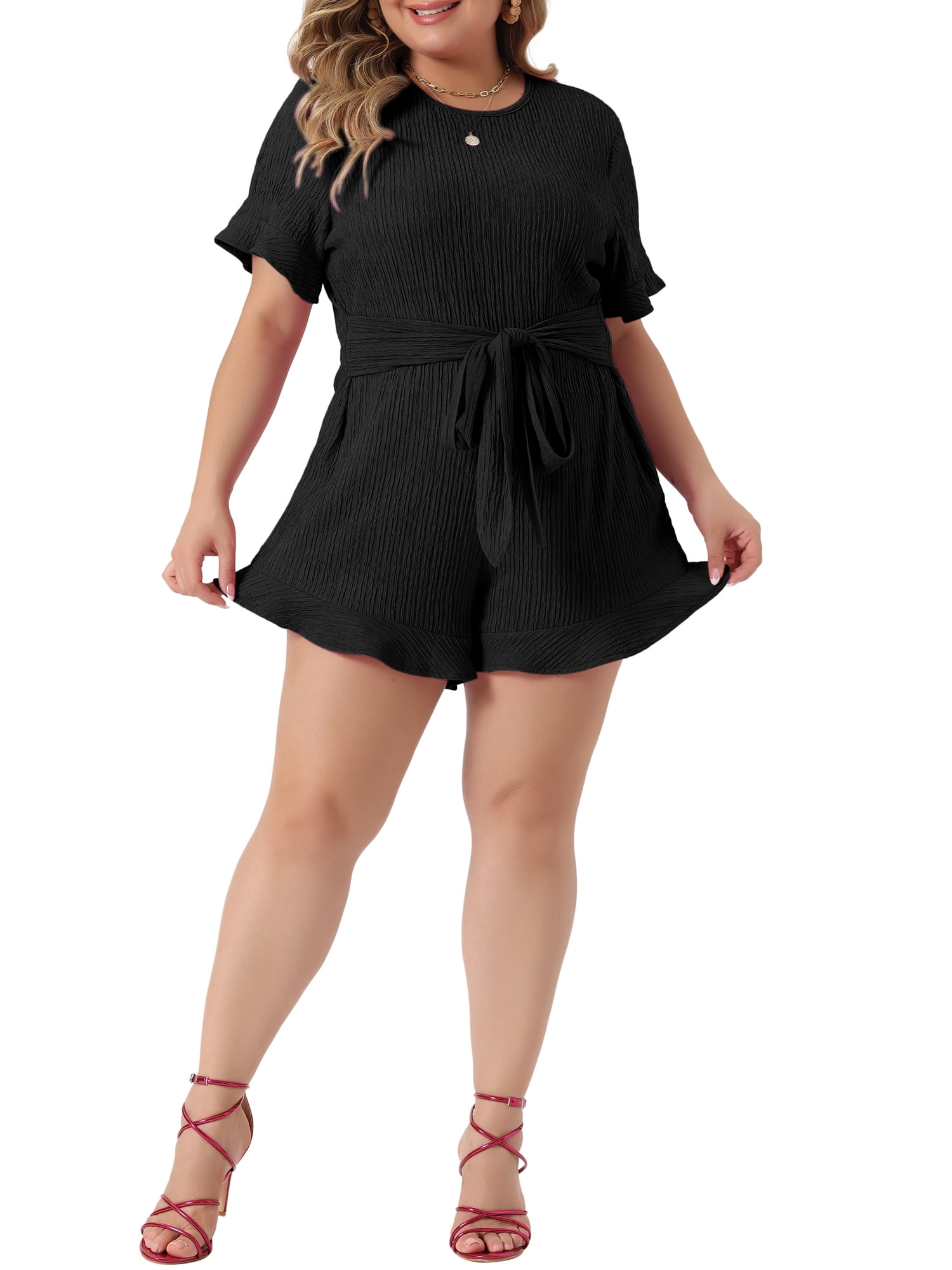 Unique Bargains Women s Plus Size Short Sleeve Ruffle Front Tie Short Jumpsuits 1X Black Walmart