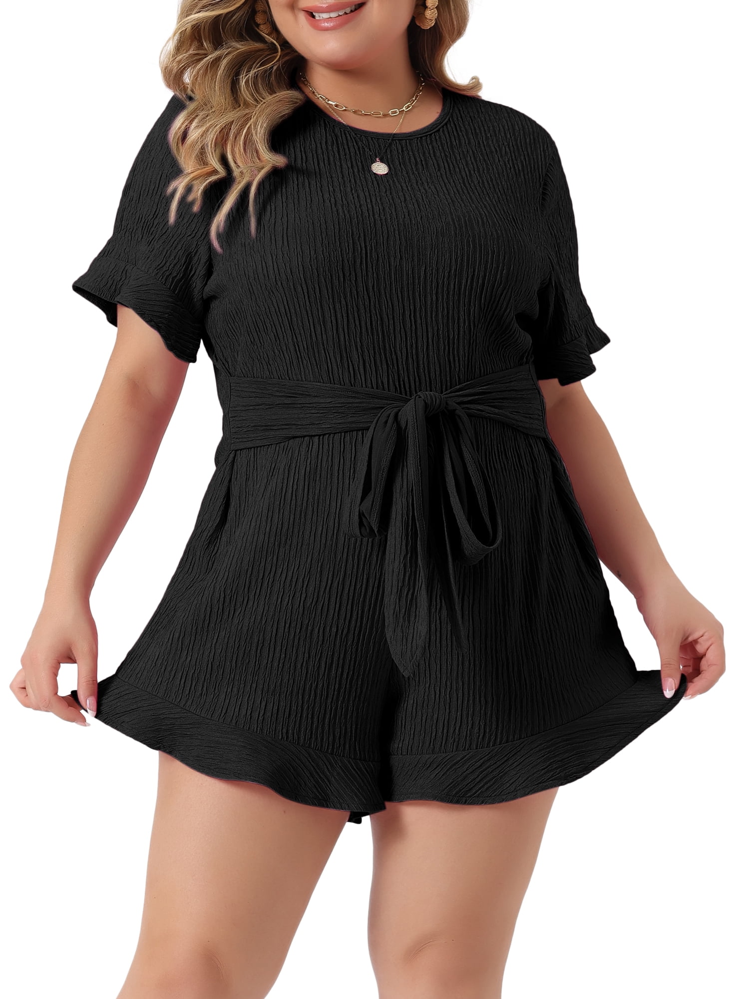 DARING DIVA Women's Plus Short Sleeve Ruffle Front Tie Short Jumpsuits 3X Black