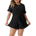 thumbnail image 1 of DARING DIVA Women's Plus Short Sleeve Ruffle Front Tie Short Jumpsuits 3X Black, 1 of 6