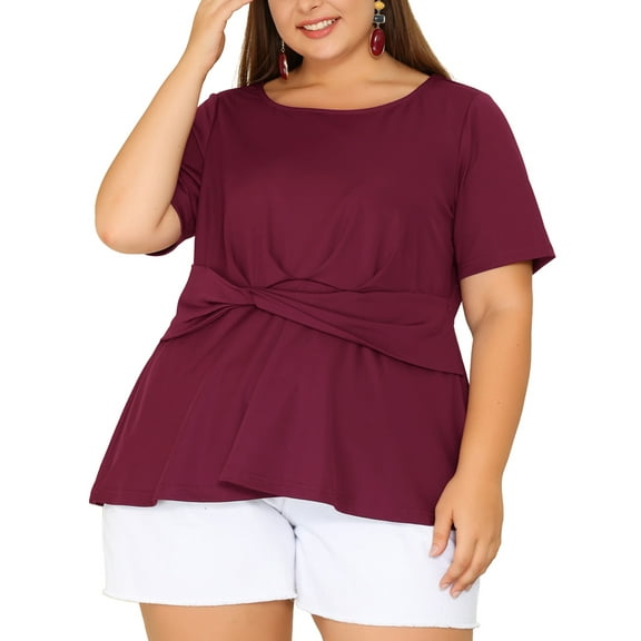 Unique Bargains Women's Plus Size Short Sleeve Solid Outfits Fashion Wrap Peplum Tops 2X Burgundy