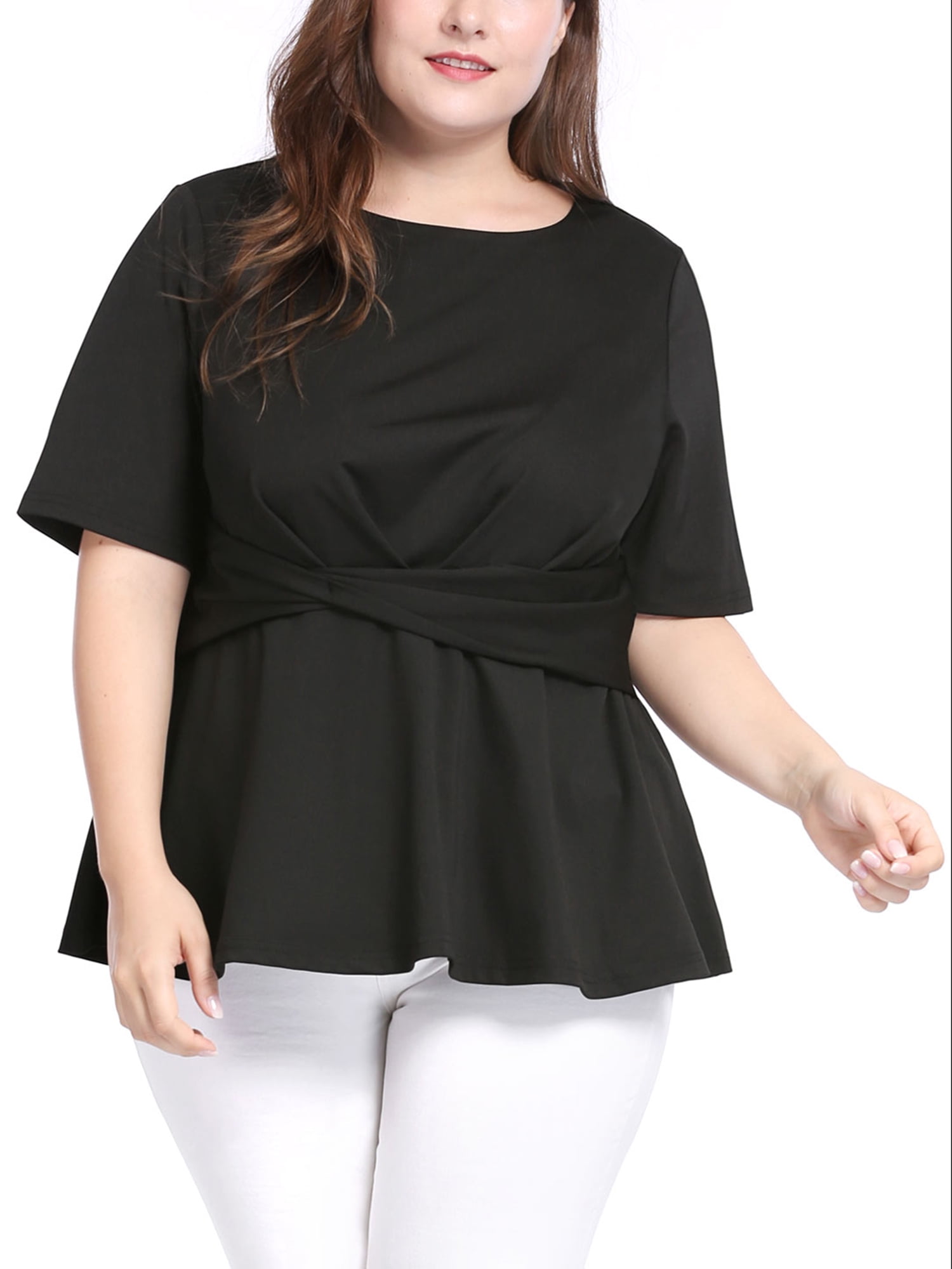 Unique Bargains Women's Plus Size Short Sleeve Solid Outfits Fashion Wrap Peplum Tops 4X Black