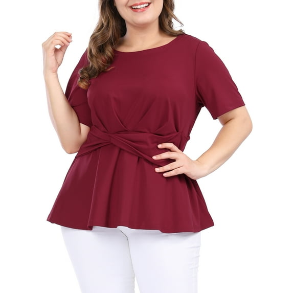 Unique Bargains Women's Plus Size Short Sleeve Solid Outfits Fashion Wrap Peplum Tops 4X Red