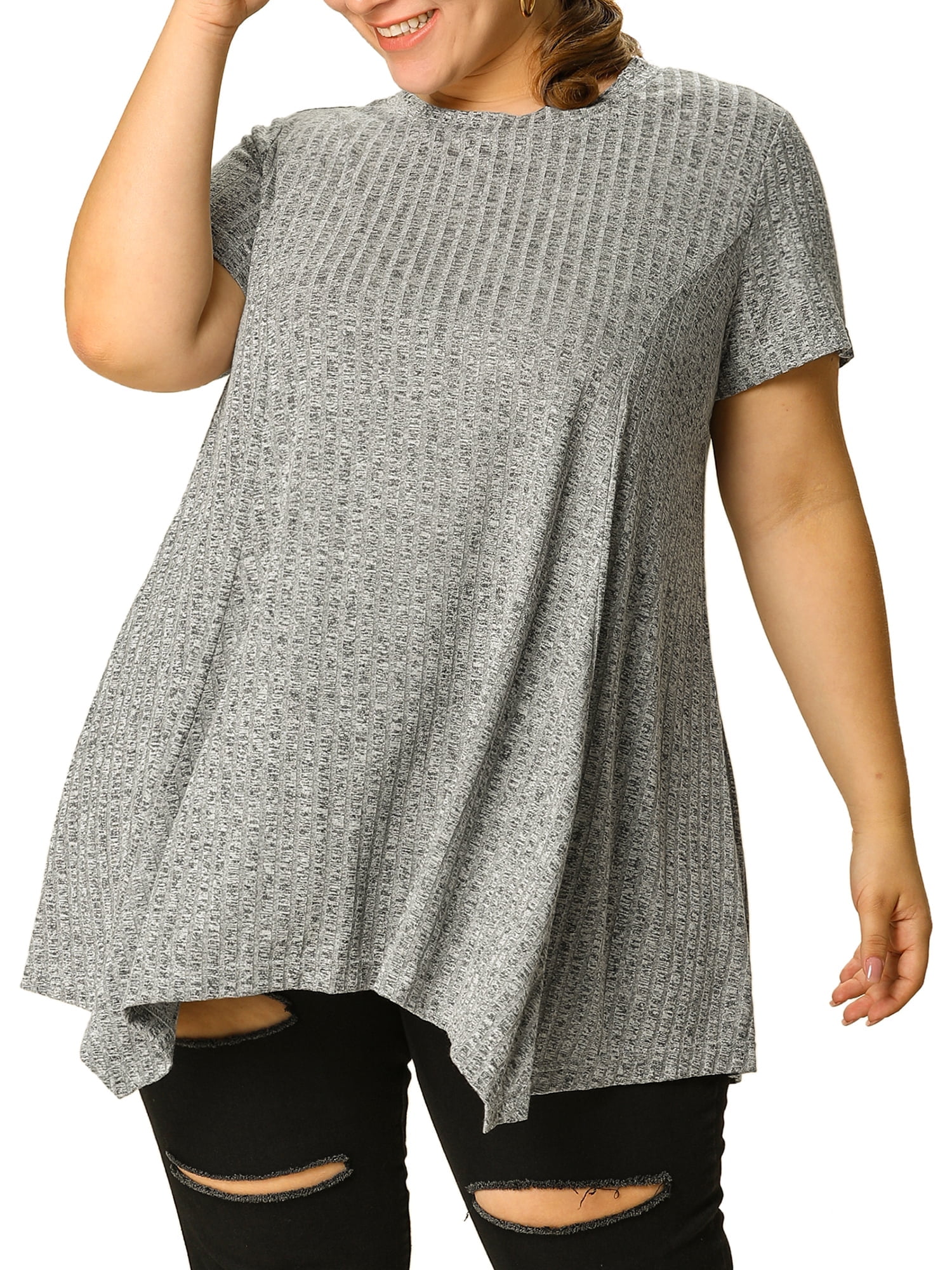 DARING DIVA Women's Plus Crew Neck Flowy Swing Loose Tunic Tops 2X Gray