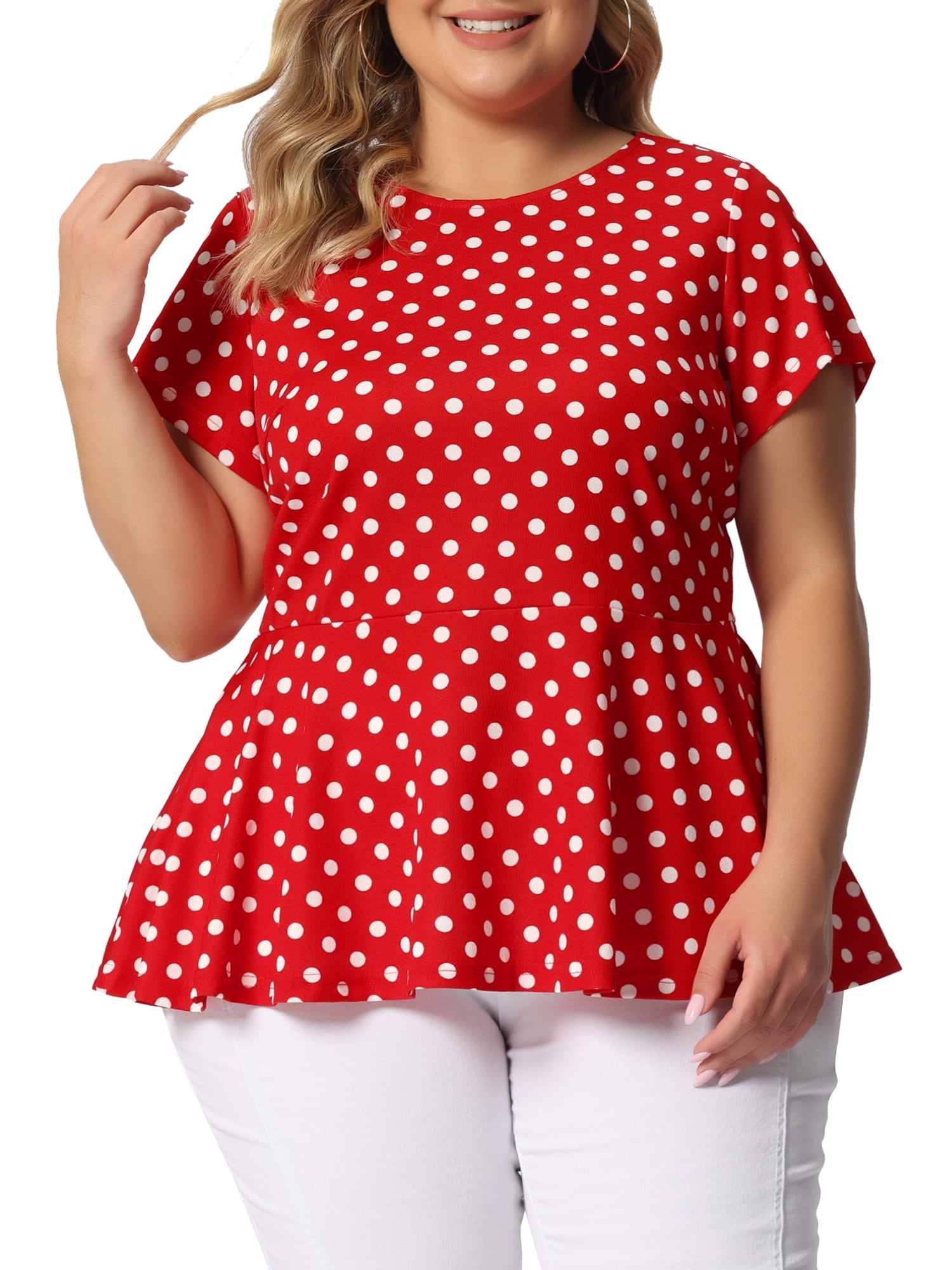 Unique Bargains Women's Plus Size Short Sleeves Polka Dots Outfits