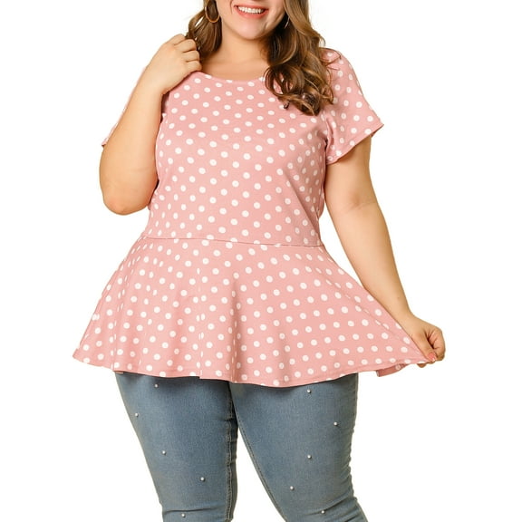 Unique Bargains Women's Plus Size Short Sleeves Polka Dots Outfits Fashion Peplum Blouse