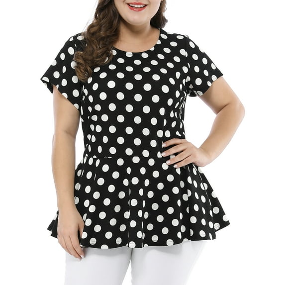 Unique Bargains Women's Plus Size Short Sleeves Polka Dots Outfits Fashion Peplum Blouse