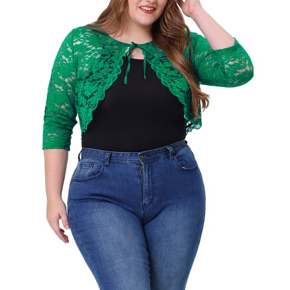 Unique Bargains Women's Plus Size Shrug Floral Lace Tie Neck Bolero Cardigan