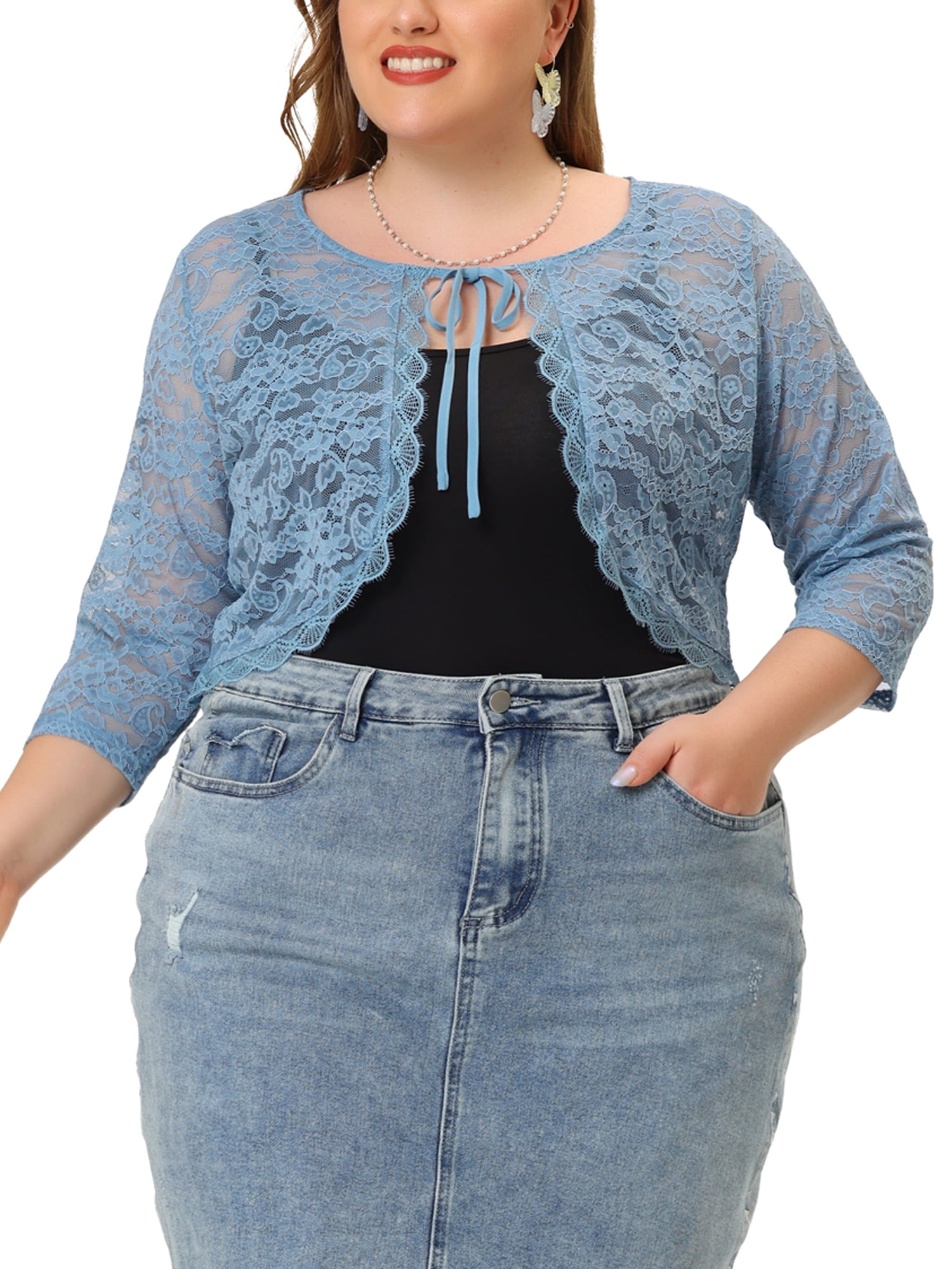 Unique Bargains Women's Plus Size Shrug Floral Lace Tie Neck