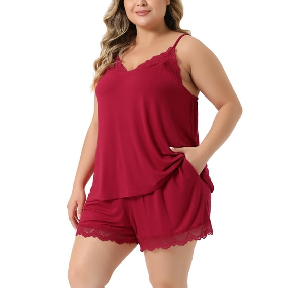 Unique Bargains Women's Plus Size Sleepwear Pajamas Lingerie Cami Shorts Nightwear Set 1X Red