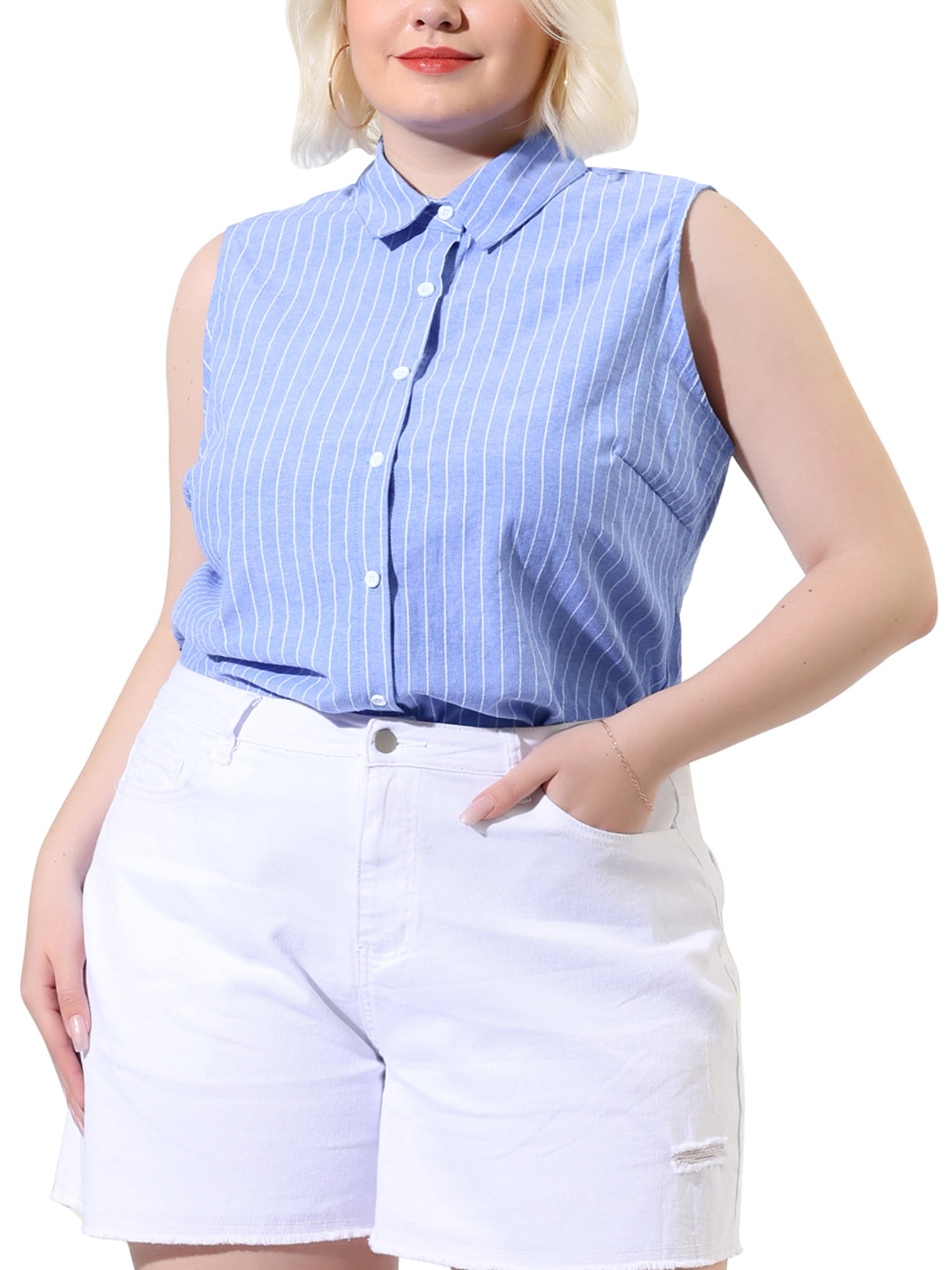 DARING DIVA Women's Plus Sleeveless Button Down Fashion Tank Top 1X Sky Blue
