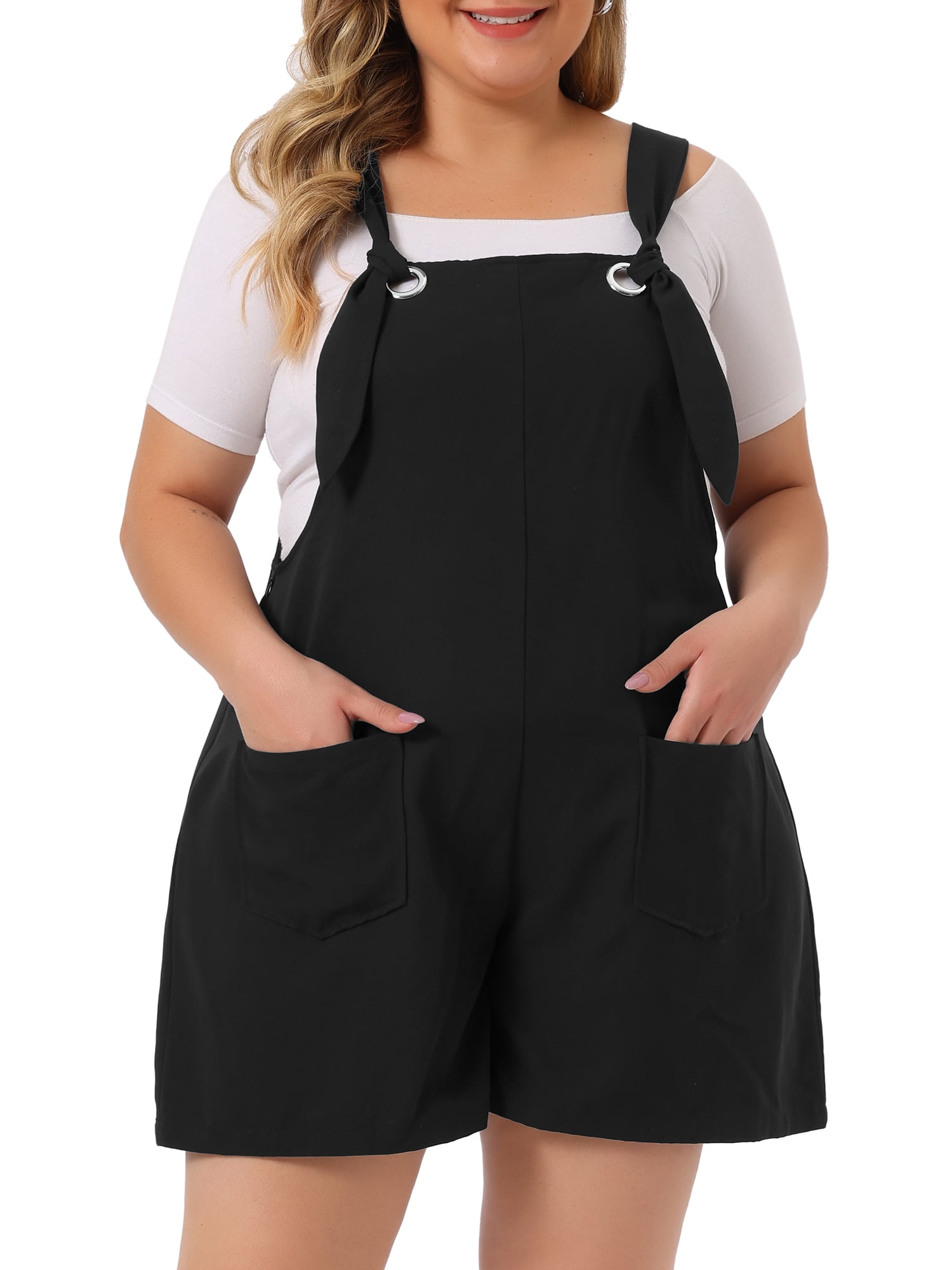 DARING DIVA Women's Plus Sleeveless Square Neck Tie Shoulder Romper Shorts 1X Black