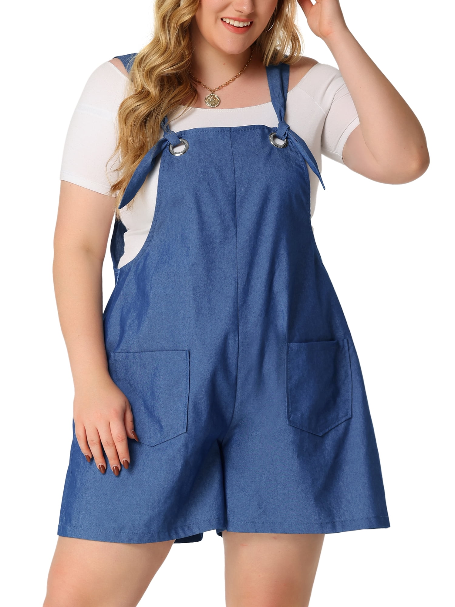DARING DIVA Women's Plus Sleeveless Square Neck Tie Shoulder Romper Shorts 3X Blue