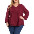 thumbnail image 1 of Unique Bargains Women's Plus Size Solid Pleated V Neck Lace Casual Blouse, 1 of 6