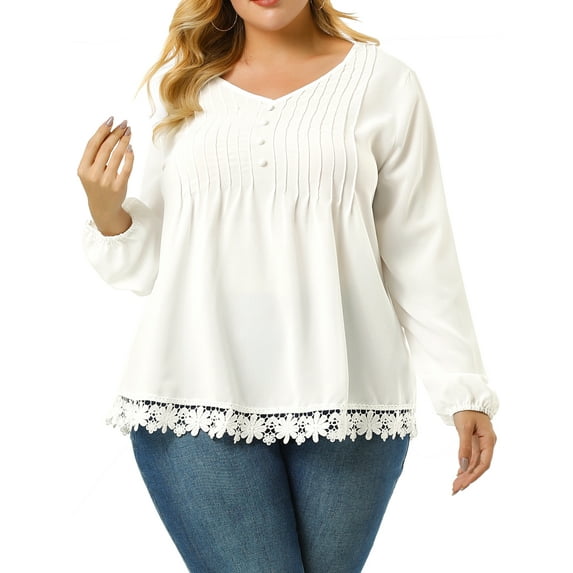 Unique Bargains Women's Plus Size Solid Pleated V Neck Lace Casual Blouse