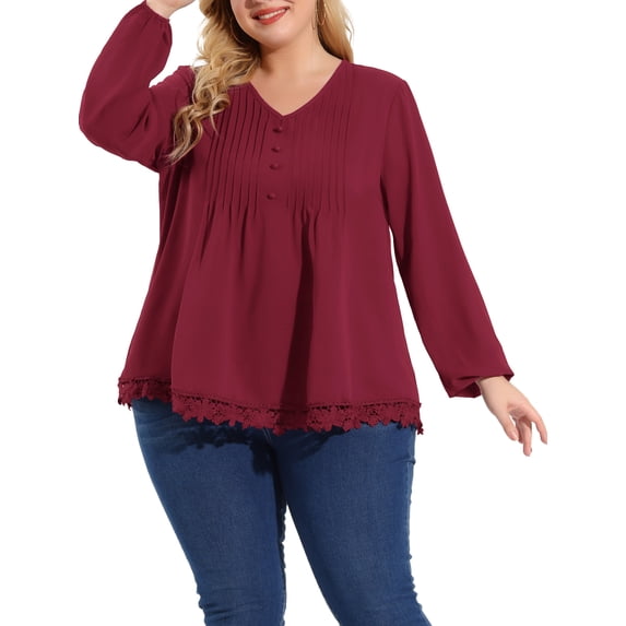 Unique Bargains Women's Plus Size Solid Pleated V Neck Lace Casual Blouse